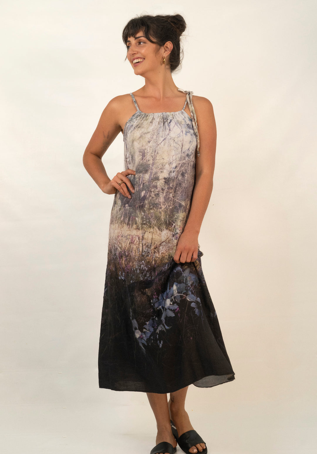 WILDFLOWER BUSHLAND LINEN TENCEL SHOESTRING DRESS