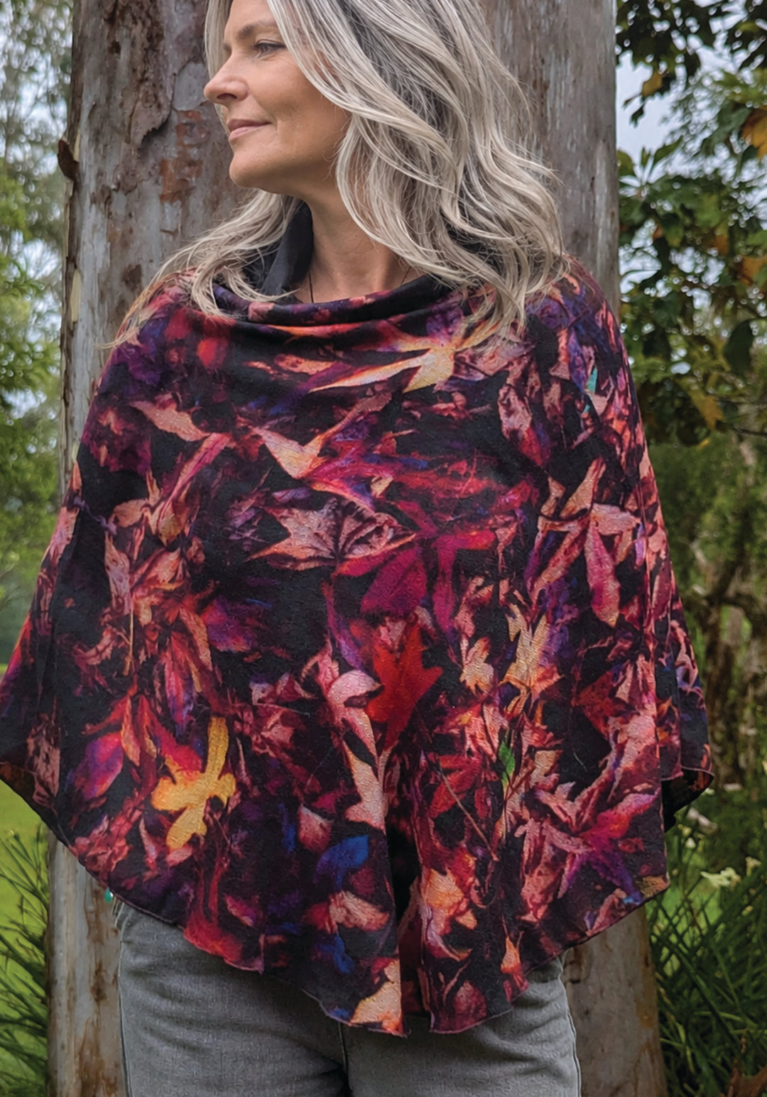AUTUMN LEAVES WOOL &amp; SILK PONCHO