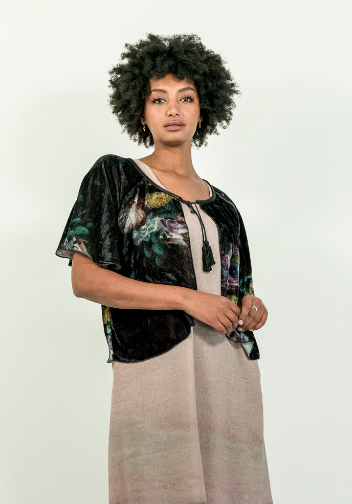 BLACK FLORAL SILK VELVET BOLERO